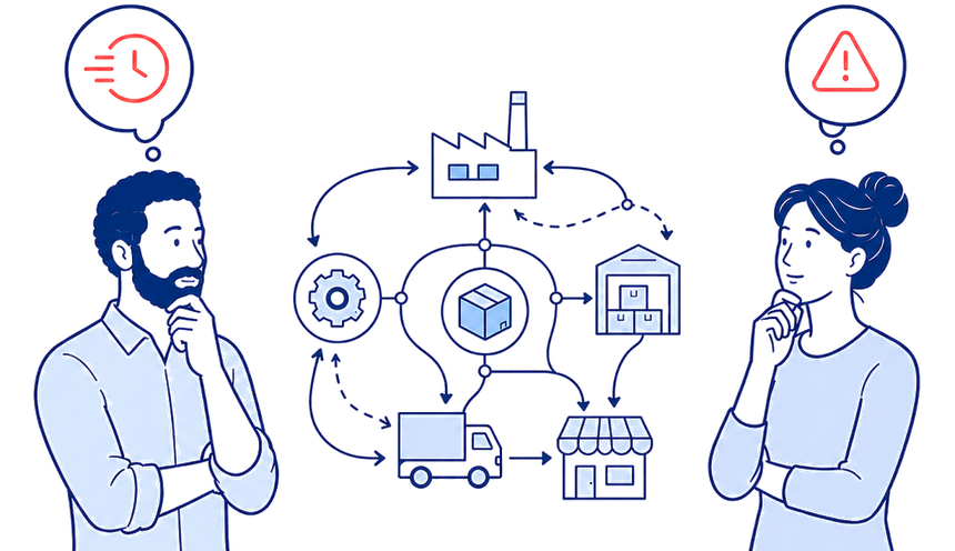 Illustration of supply chain complexity with people, factory, warehouse, transport and retail connected in a network